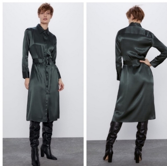 Zara Satin Effect Hunter Green Long Sleeve Belted Collared Midi Dress | sz M - Picture 7 of 15